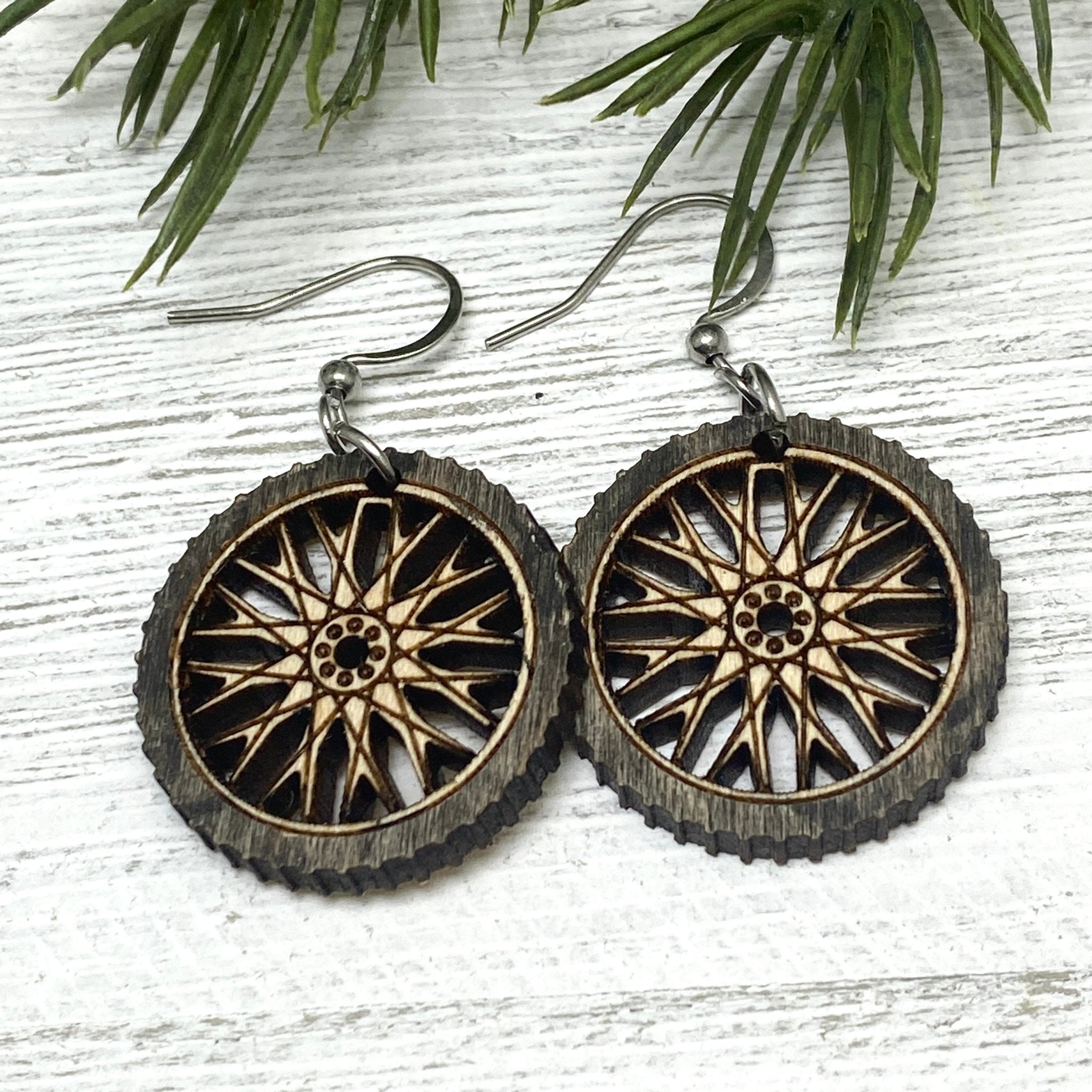 Bike Tire Earrings Wooden engraved Be Inspired UP