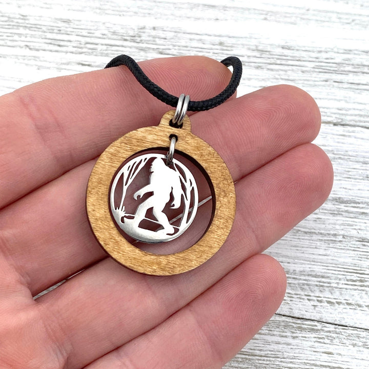 Bigfoot in Woods Wooden Large Hoop Pendant - Be Inspired UP