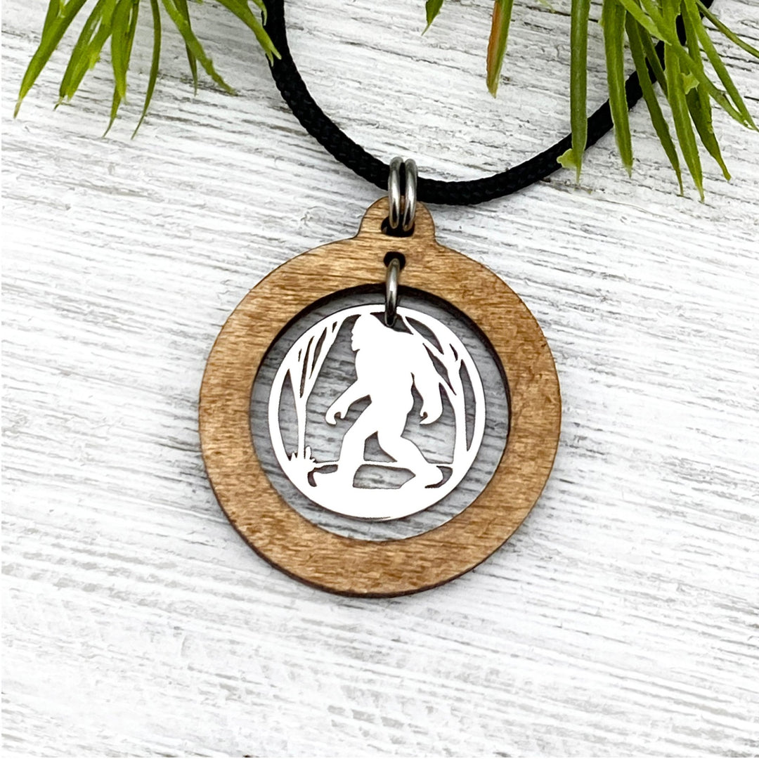 Bigfoot in Woods Wooden Large Hoop Pendant - Be Inspired UP