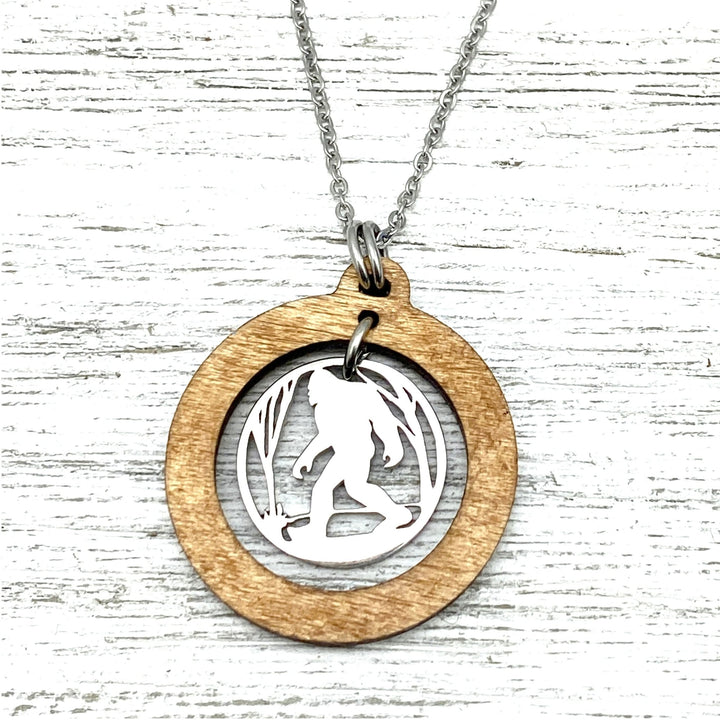 Bigfoot in Woods Wooden Large Hoop Pendant - Be Inspired UP