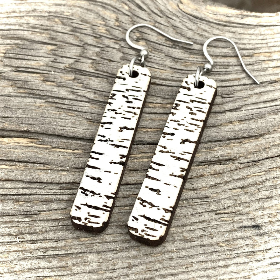 Birch Engraved Wood earrings, vertical bar - Be Inspired UP