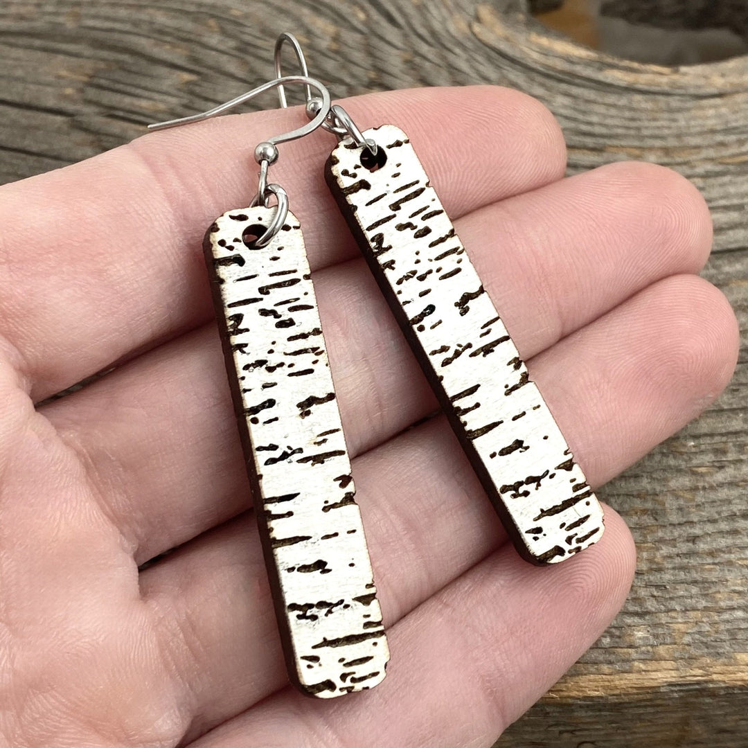 Birch Engraved Wood earrings, vertical bar - Be Inspired UP