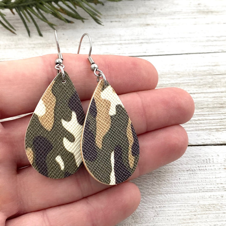 Camo leather earrings teardrop shape - Be Inspired UP