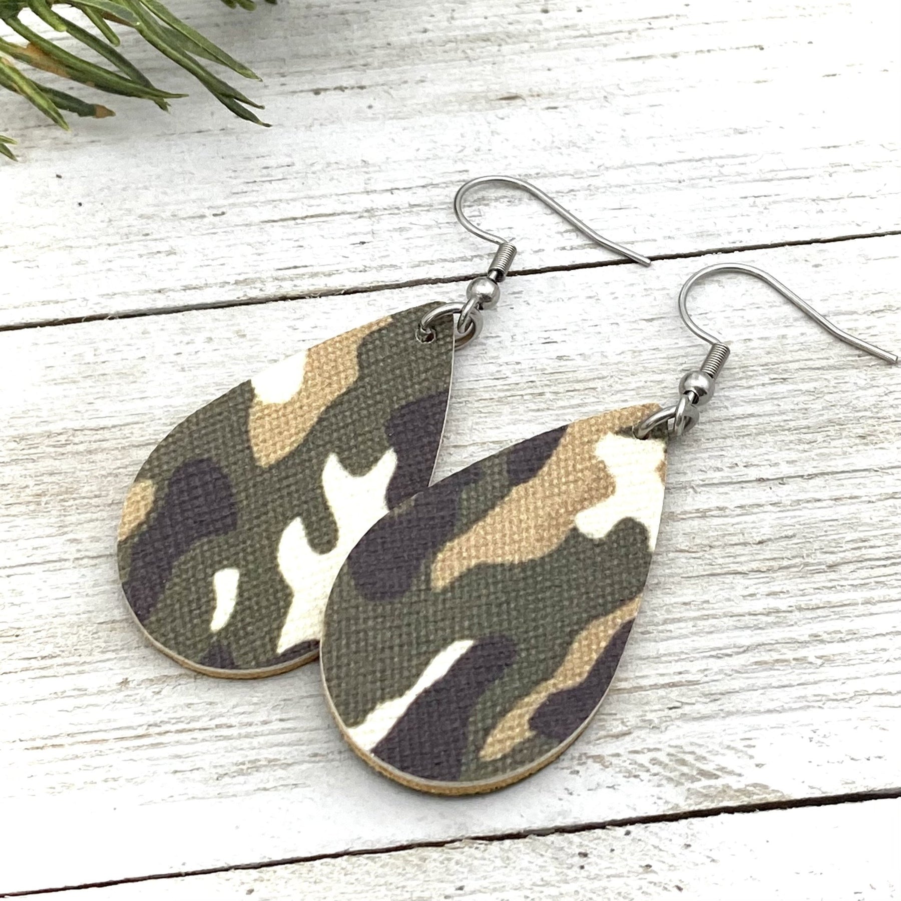 Camo Leather Earrings Teardrop Shape