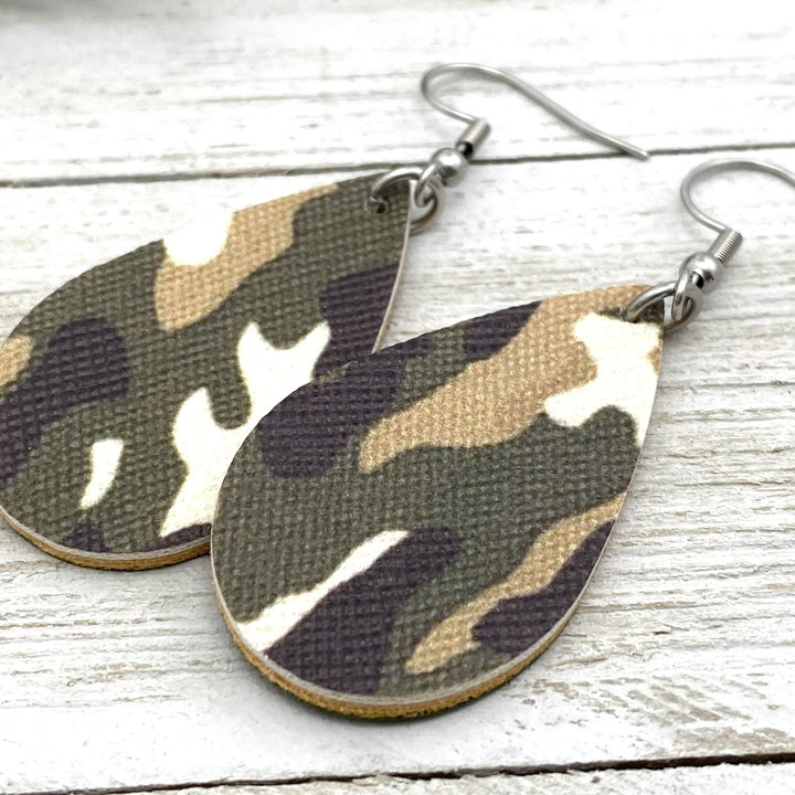 Camo leather earrings teardrop shape - Be Inspired UP