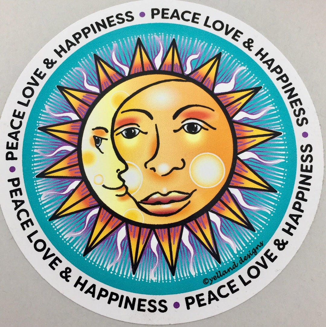 Decal - Peace Love and Happiness - Mandala Sun/Moon By Artist Elizabeth Yelland - Be Inspired UP
