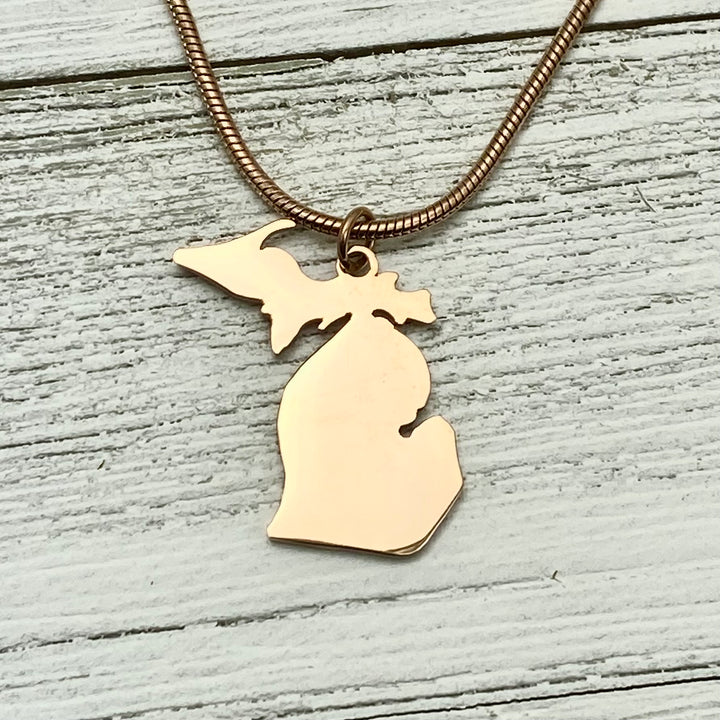 Michigan Outline Pendant, Gold or Rose Gold, large or petite