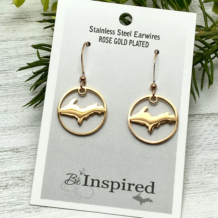 UP, Upper Peninsula Circle Earrings Gold or Rose Gold