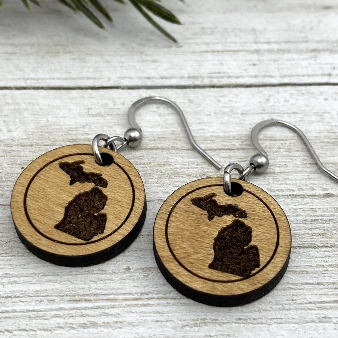 Michigan engraved round wood Earrings, two sizes - Be Inspired UP