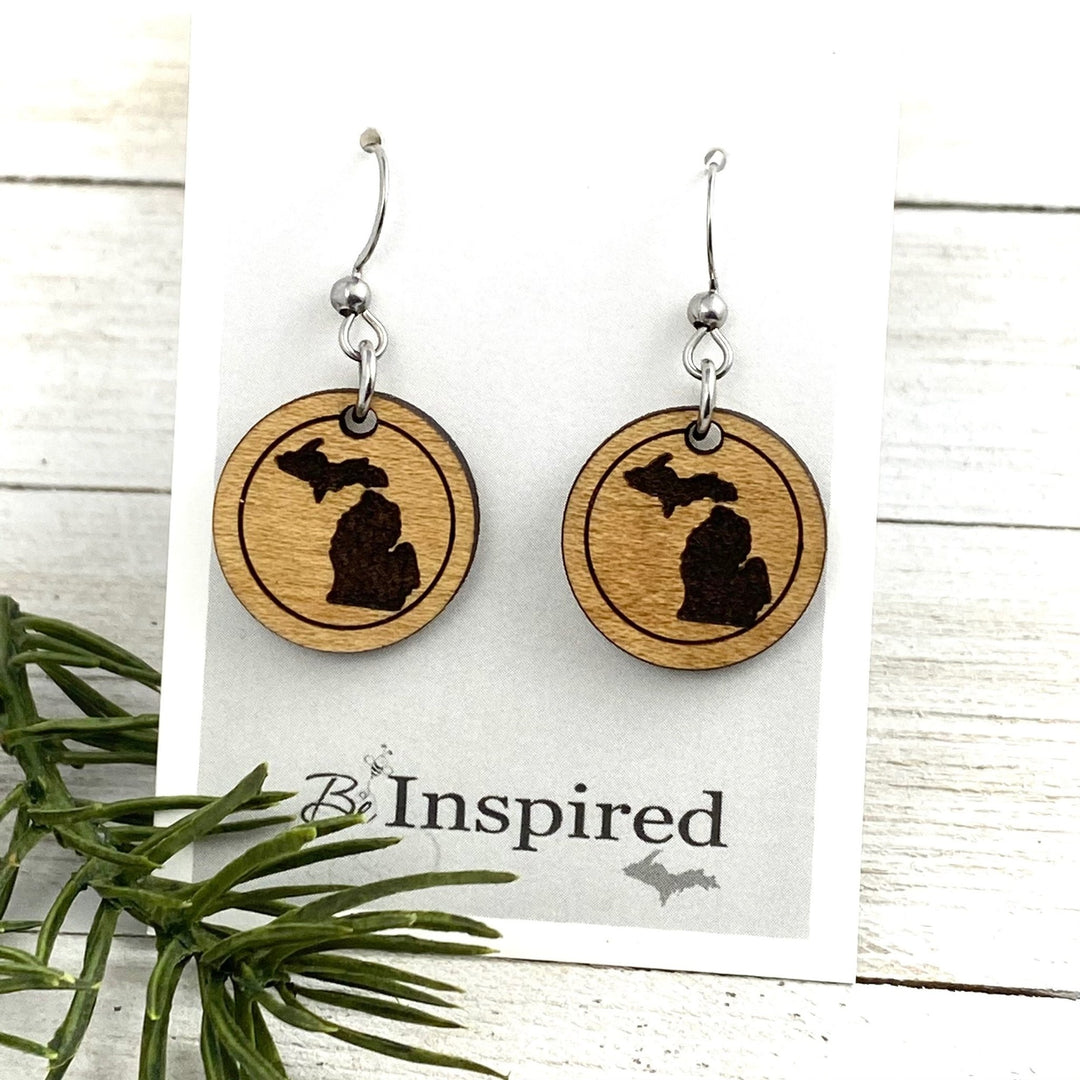 Michigan engraved round wood Earrings, two sizes - Be Inspired UP