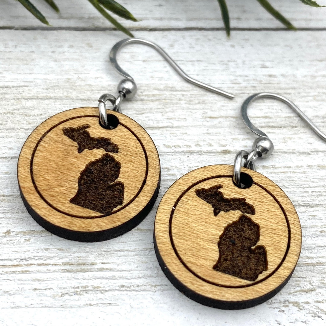 Michigan engraved round wood Earrings, two sizes - Be Inspired UP