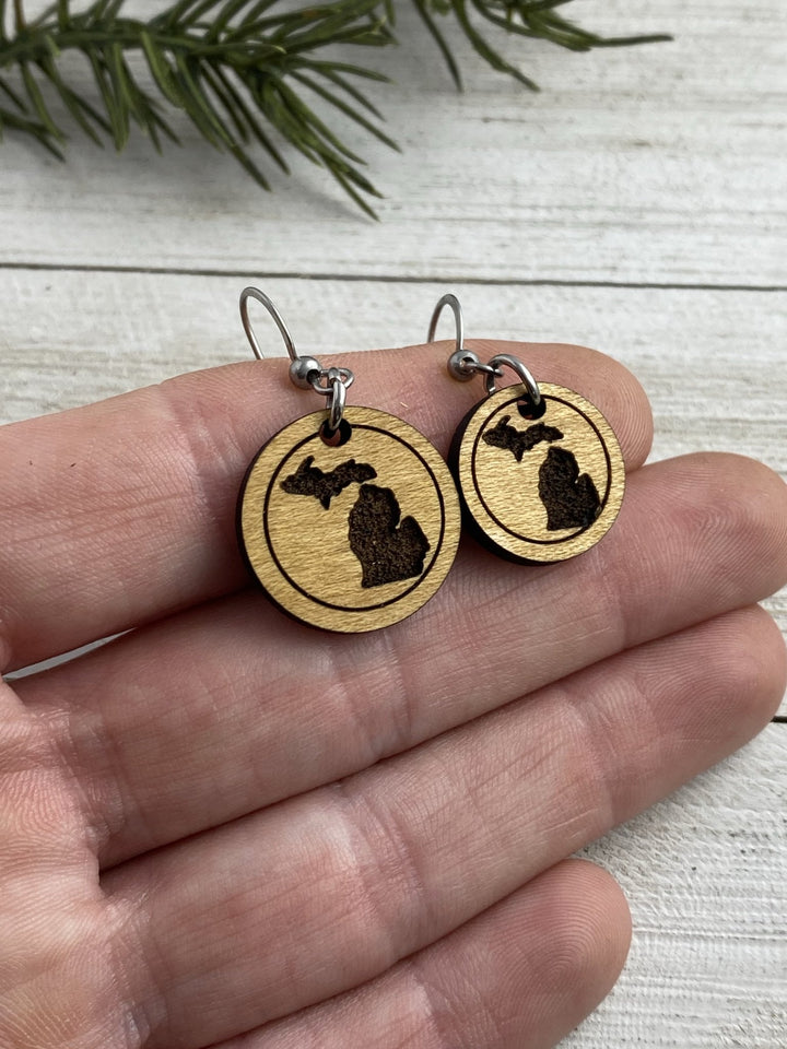 Michigan engraved round wood Earrings, two sizes - Be Inspired UP