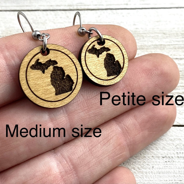 Michigan engraved round wood Earrings, two sizes - Be Inspired UP