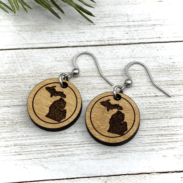 Michigan engraved round wood Earrings, two sizes - Be Inspired UP