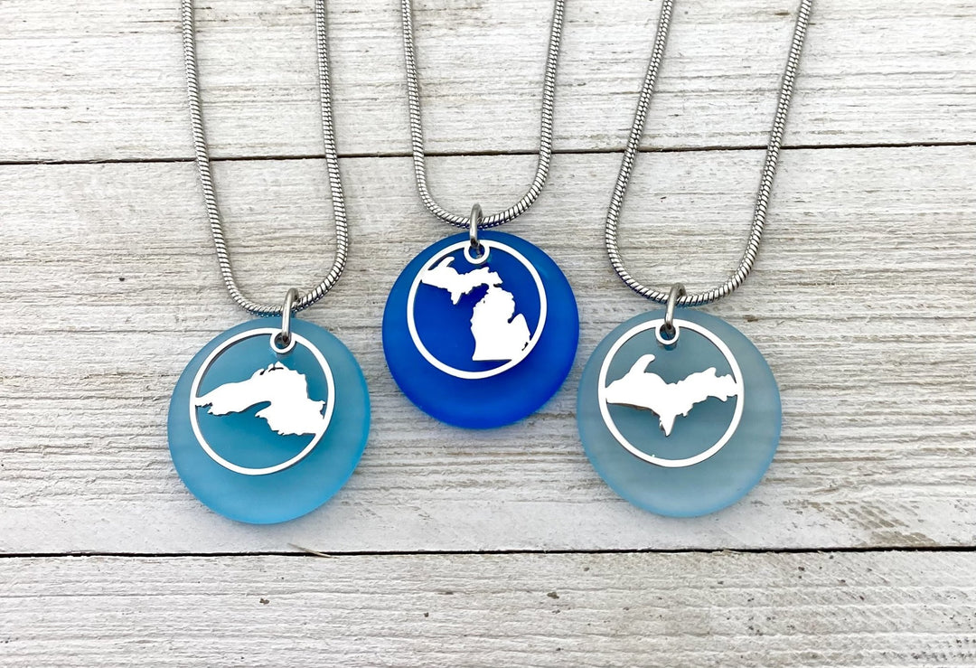 Michigan Outline Beach Glass Pendant - Be Inspired UP
