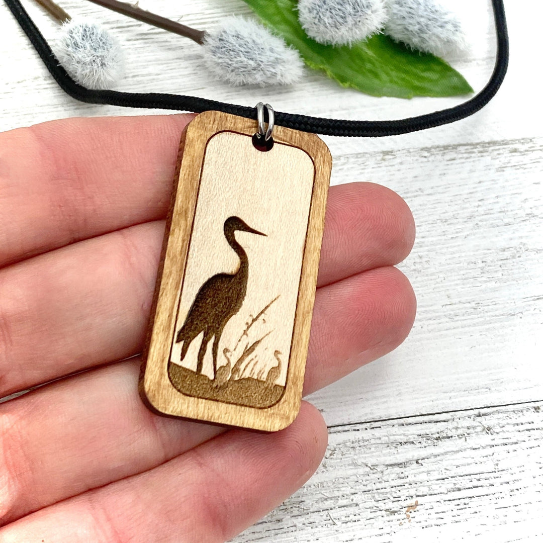 Sandhill Crane engraved Wood Pendant - Be Inspired UP