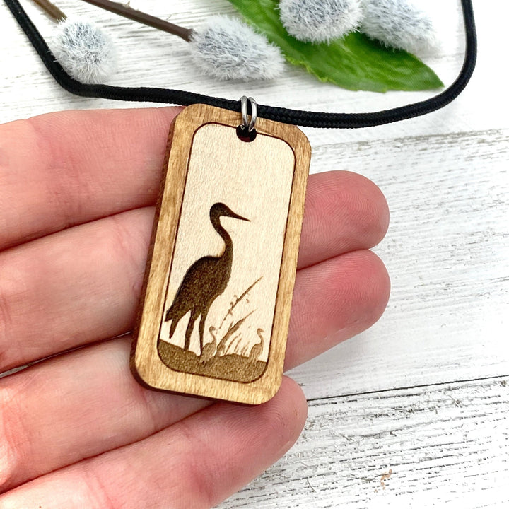 Sandhill Crane engraved Wood Pendant - Be Inspired UP