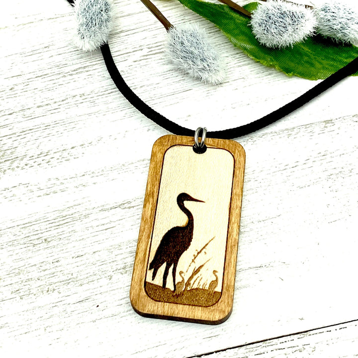 Sandhill Crane engraved Wood Pendant - Be Inspired UP