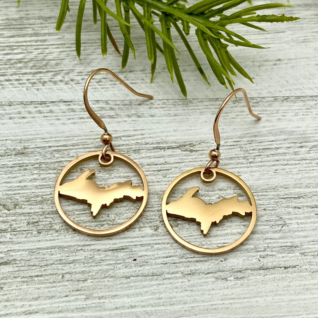 UP, Upper Peninsula Circle Earrings Gold or Rose Gold - Be Inspired UP