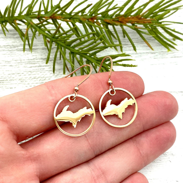 UP, Upper Peninsula Circle Earrings Gold or Rose Gold - Be Inspired UP