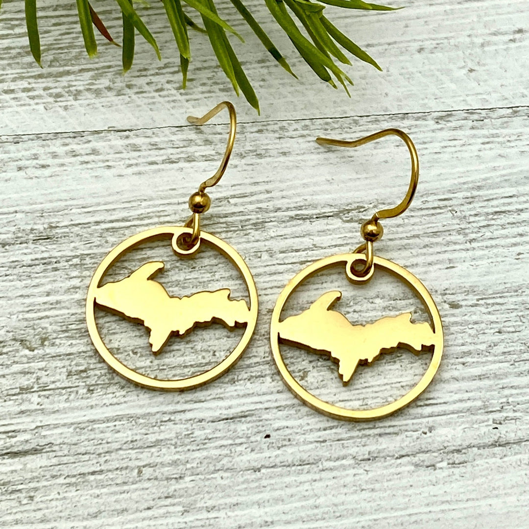 UP, Upper Peninsula Circle Earrings Gold or Rose Gold - Be Inspired UP