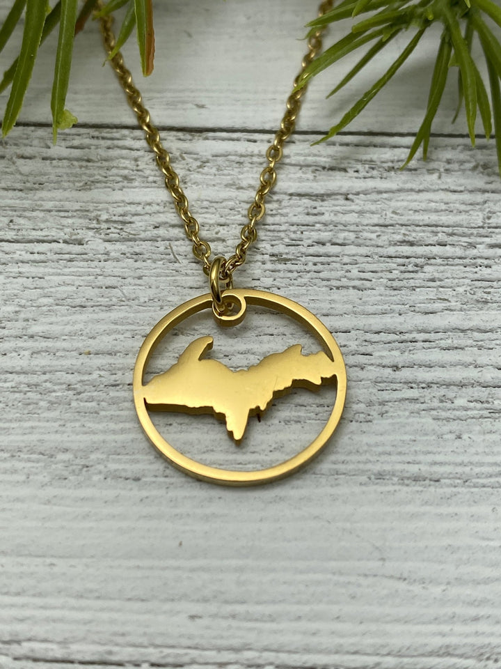 UP, Upper Peninsula Circle Pendant, Gold or Rose Gold - Be Inspired UP