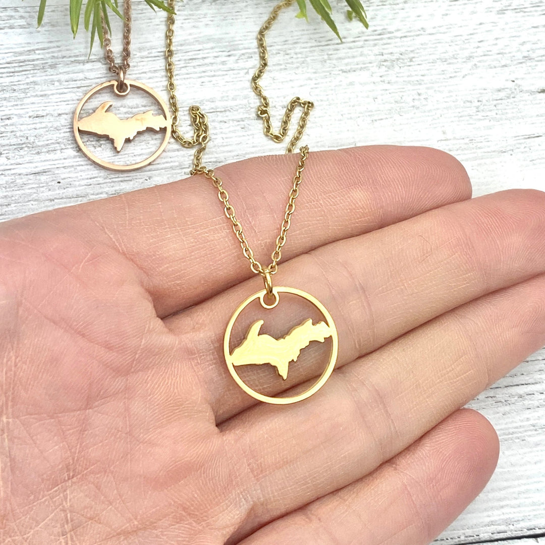 UP, Upper Peninsula Circle Pendant, Gold or Rose Gold - Be Inspired UP