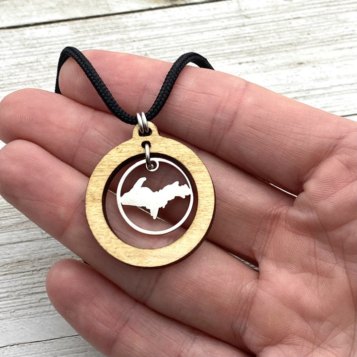 Upper Peninsula Wooden Hoop Pendant, with charm - Be Inspired UP