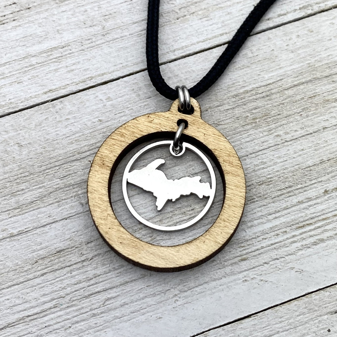 Upper Peninsula Wooden Hoop Pendant, with charm - Be Inspired UP