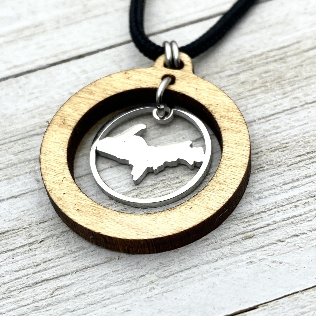 Upper Peninsula Wooden Hoop Pendant, with charm - Be Inspired UP