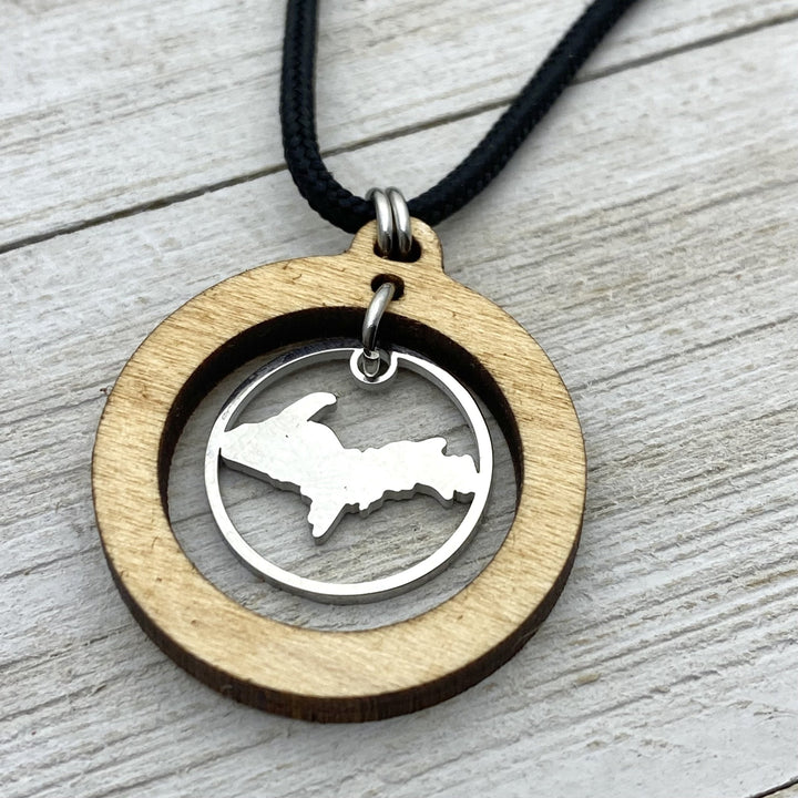 Upper Peninsula Wooden Hoop Pendant, with charm - Be Inspired UP