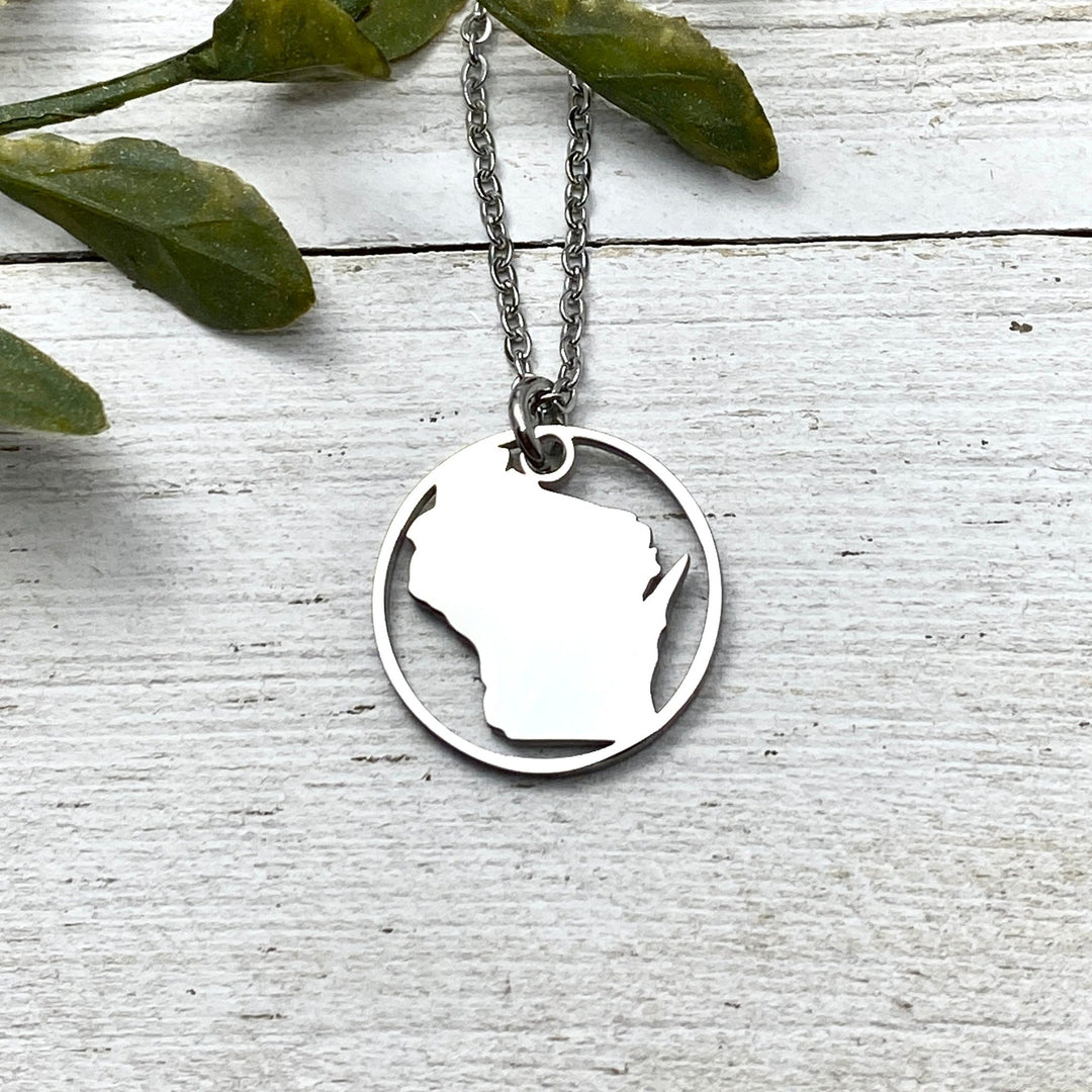 Wisconsin Pendant, circle outline, petite or Mini - Be Inspired UP